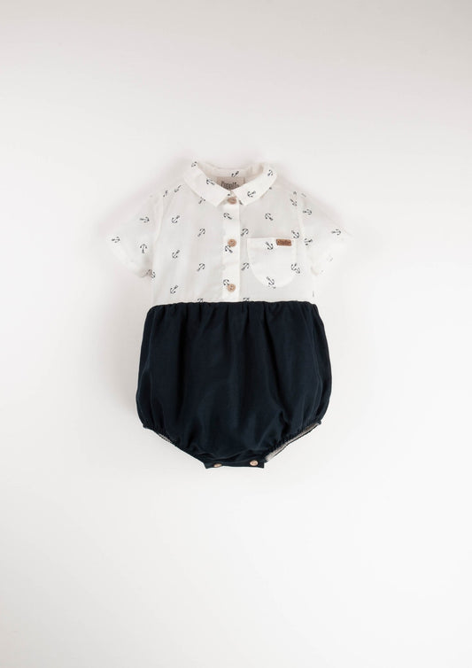 Popelin Embroidered anchor motif contrasting romper suit-Mod.15.1 - Lille Univers