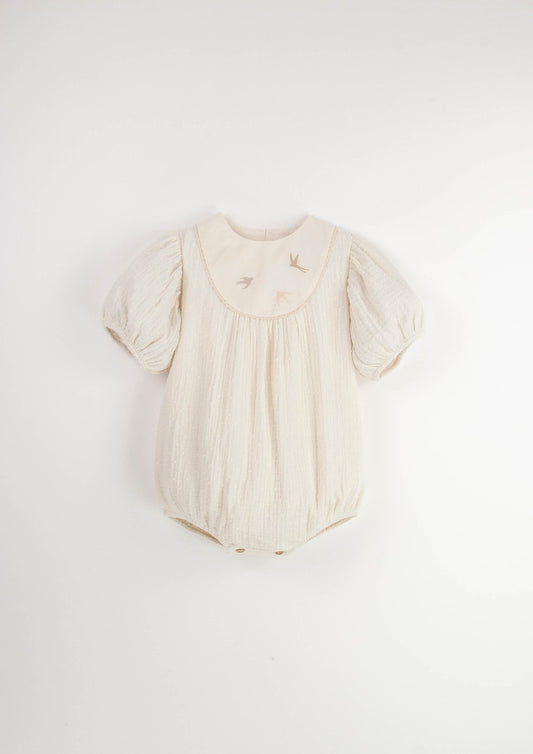 Popelin Off-white embroidered romper suit with yoke-Mod.7.1 - Lille Univers