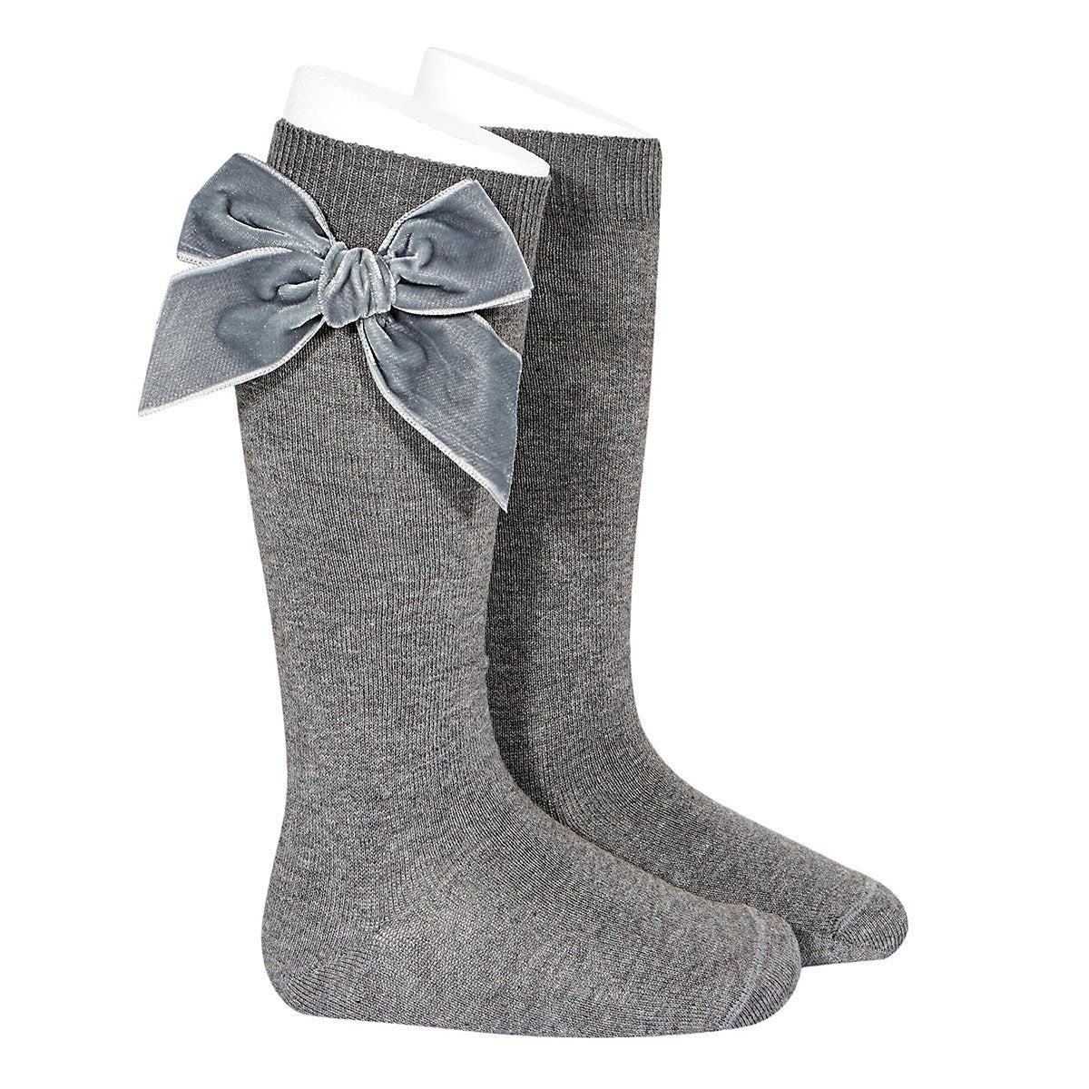 Condor Side velvet bow knee-high socks LIGHT GREY-24892_230 - Lille Univers