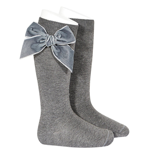 Condor Side velvet bow knee-high socks LIGHT GREY-24892_230 - Lille Univers