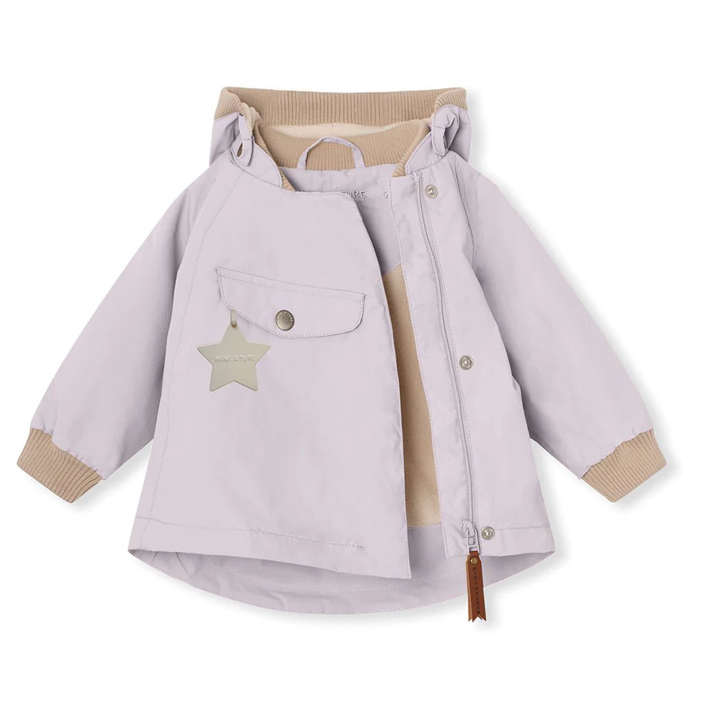 MINI A TURE MATWAI fleece lined spring jacket. GRS. Purple raindrops