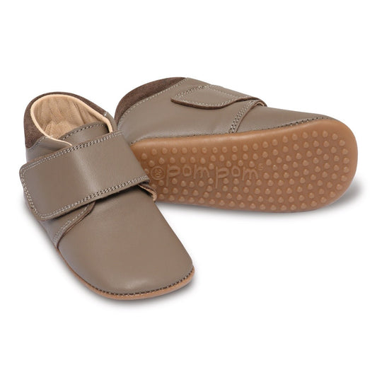 Taupe Pom Pom Beginners™ Velcro Slippers - 100% Leather-PM1010 - Lille Univers