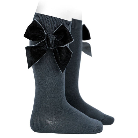 Condor Cotton knee socks with side velvet bow COAL-24892_257 - Lille Univers