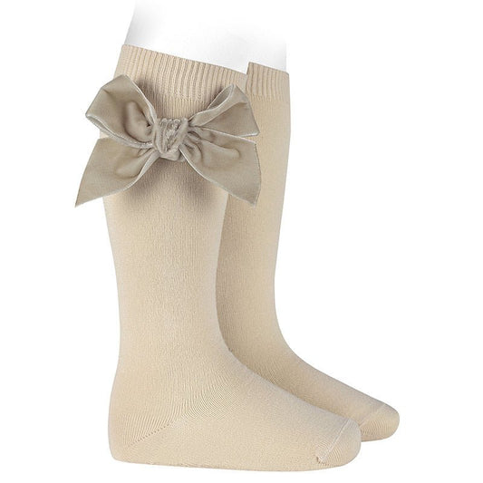 Condor Cotton knee socks with side velvet bow LINEN-24892_304 - Lille Univers